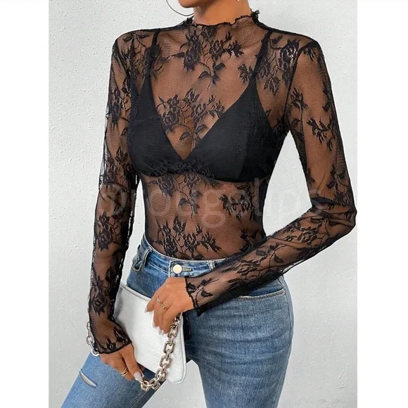 Black Lace Sheer Floral Long Sleeve Top Shirt - Picture 2 of 8